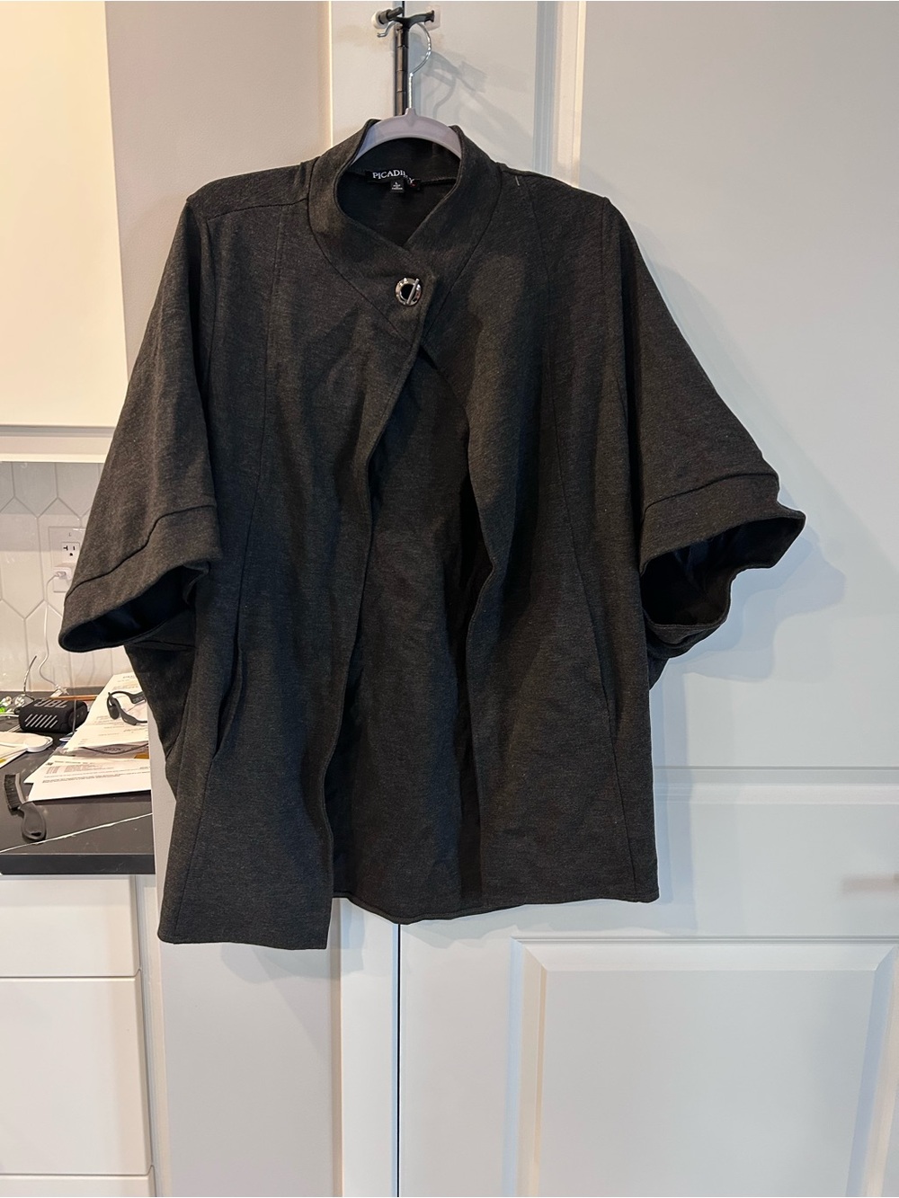 Picadilly Heathered Grey Funnel Neck Short Sleeve Jacket Cape Coat Canada Made